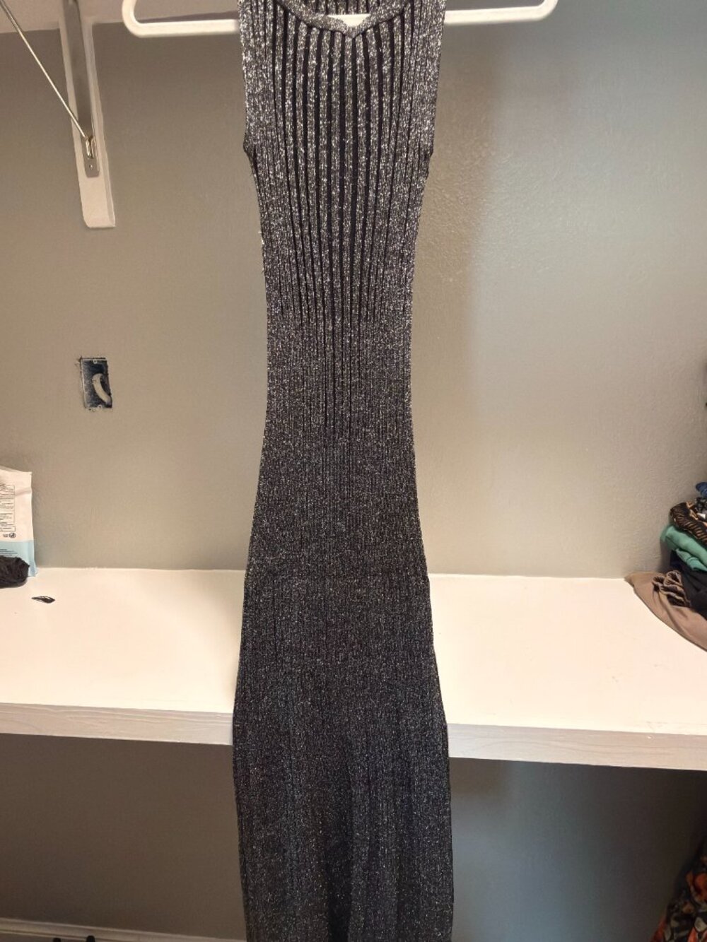 Silver Black Shimmer Ribbed Knit Halter Maxi Dress